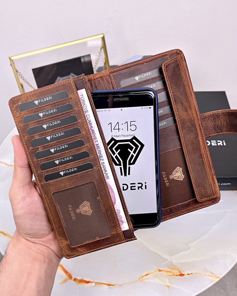 Crazy Deri Cüzdan Telefon Bölmeli Fındık Renk