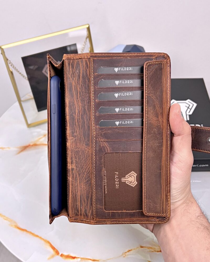 Crazy Deri Cüzdan Telefon Bölmeli Fındık Renk