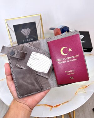 Pasaport Kılıfı ve Valiz Etiketi Hakiki Deri Gri 2038
