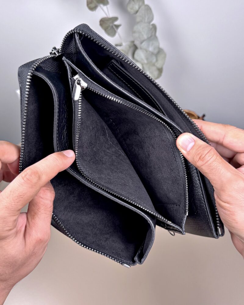 Çok bölmeli siyah erkek el çantası – telefon, cüzdan, anahtar için ideal iç düzen