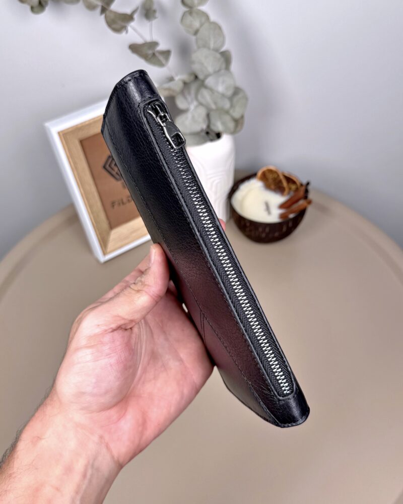 Telefon Bölmeli Portföy – Hakiki Deri Parçalı Tasarım Siyah | 2128