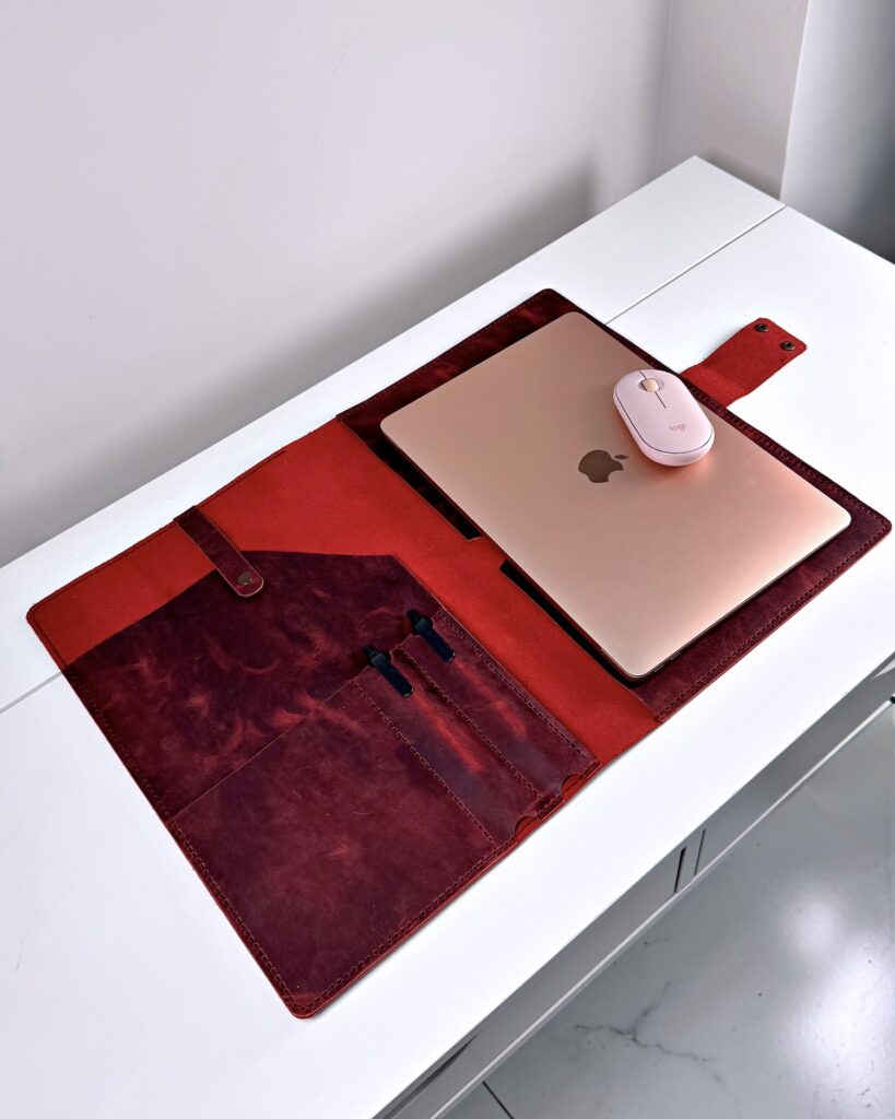 Deri Organizer – Laptop Bölmeli El Dikişi Bordo Hakiki Deri | 2075