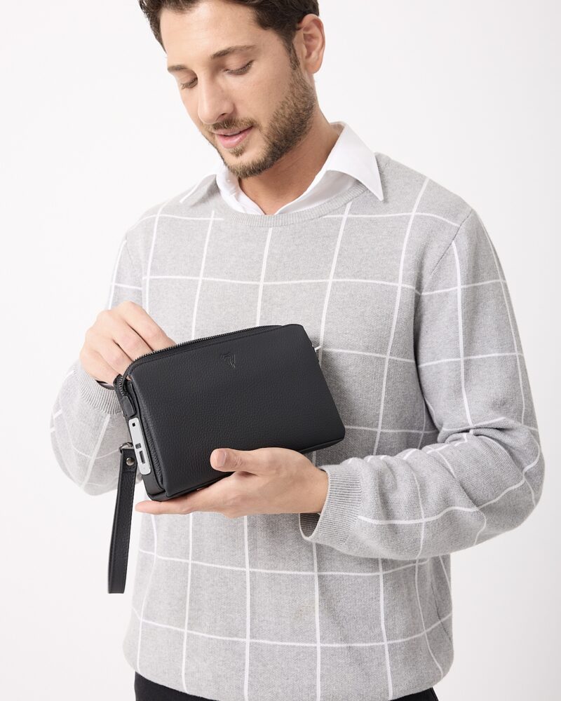 Parmak İzli Erkek El Çantası – Hakiki Deri Siyah | 2125