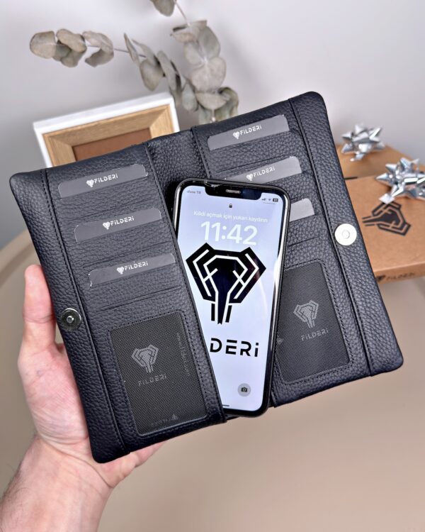 Telefon Bölmeli Cüzdan – Hakiki Deri, Kartlıklı, Siyah | 2134