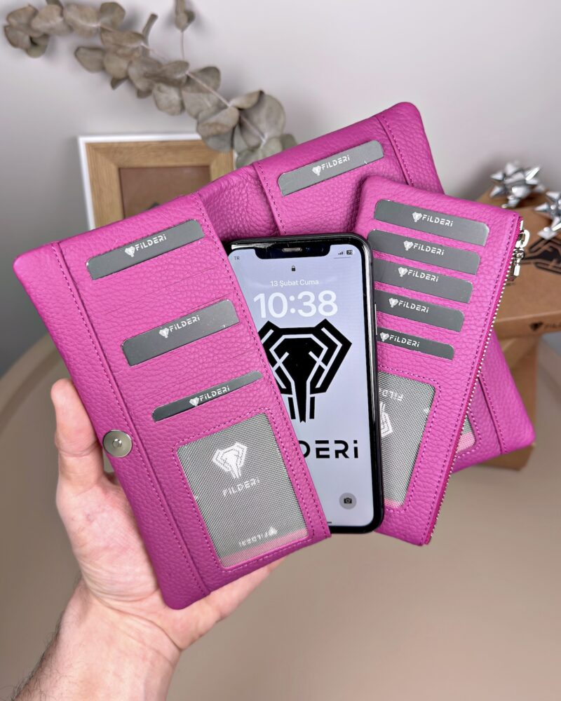 Telefon Bölmeli Cüzdan – Hakiki Deri, Kartlıklı, Fuşya | 2134