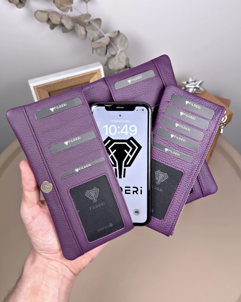 Telefon Bölmeli Cüzdan – Hakiki Deri, Kartlıklı, Mor | 2134