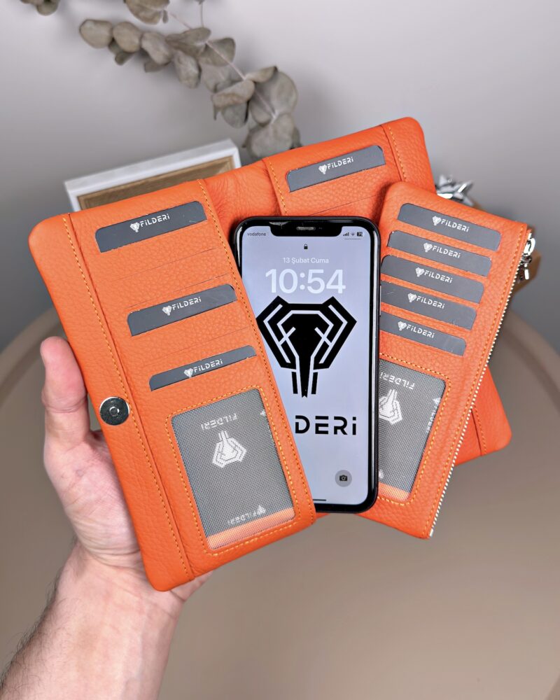 Telefon Bölmeli Cüzdan – Hakiki Deri, Kartlıklı, Turuncu | 2134