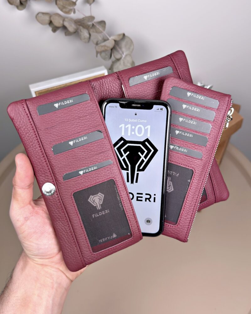 Telefon Bölmeli Cüzdan – Hakiki Deri, Kartlıklı, Bordo | 2134