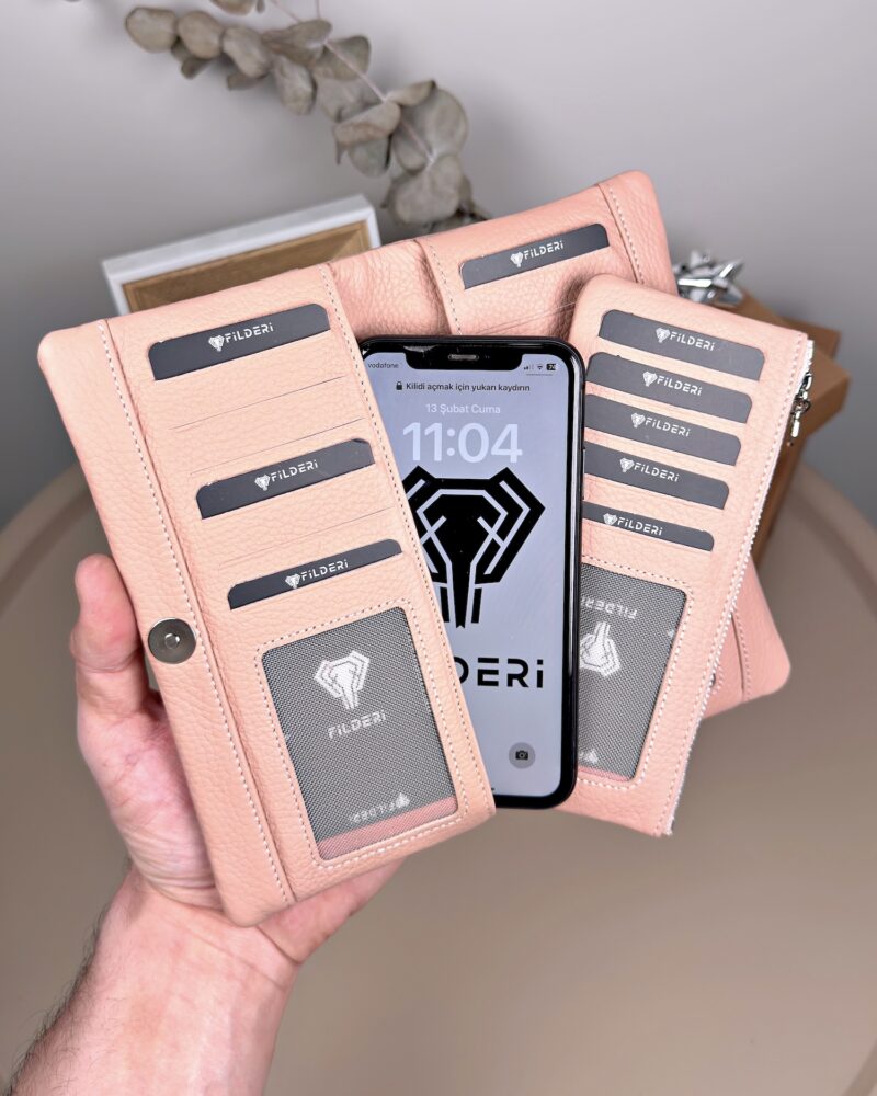Telefon Bölmeli Cüzdan – Hakiki Deri, Kartlıklı, Pudra | 2134