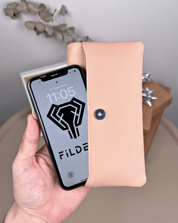 Telefon Bölmeli Cüzdan – Hakiki Deri, Kartlıklı, Pudra | 2134