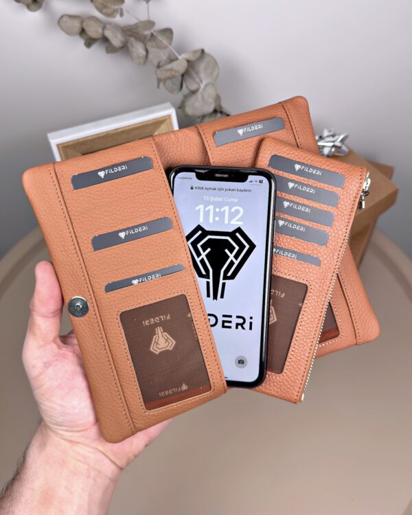 Telefon Bölmeli Cüzdan – Hakiki Deri, Kartlıklı, Taba | 2134