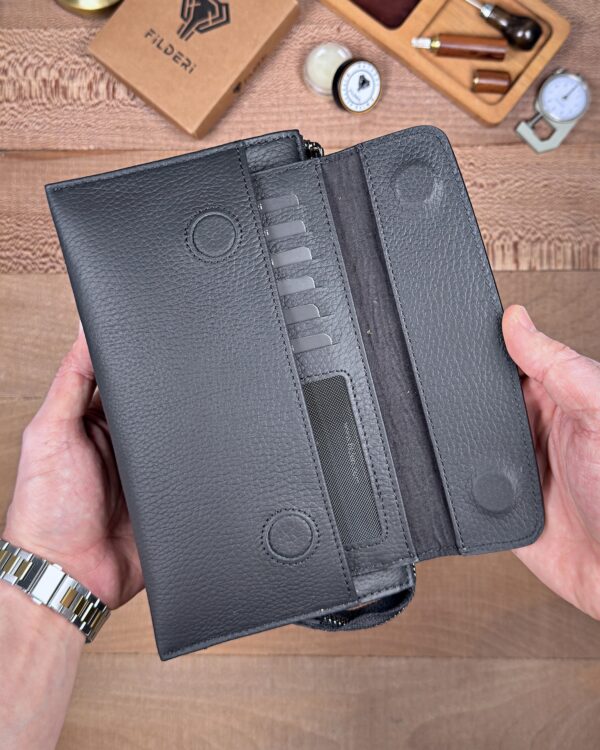 Hakiki Deri Erkek El Çantası – Çekmeli Kartlık, Mat Siyah | 2137