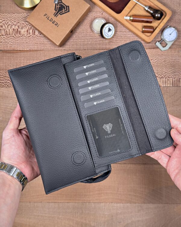 Hakiki Deri Erkek El Çantası – Çekmeli Kartlık, Mat Siyah | 2137