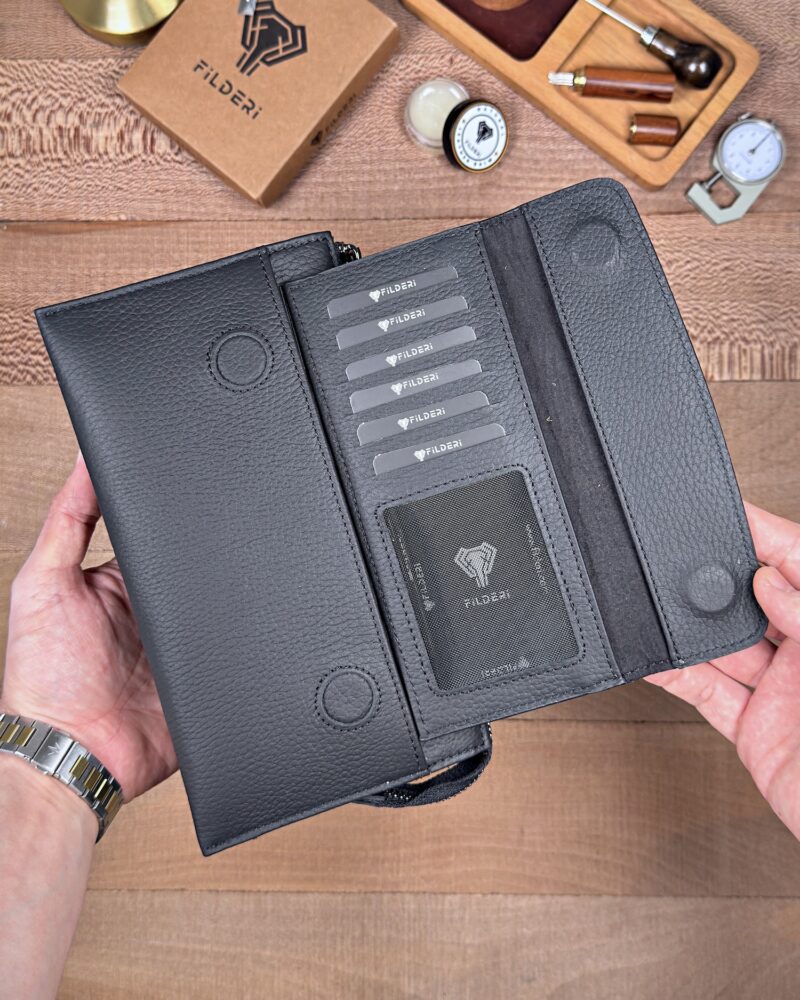 Hakiki Deri Erkek El Çantası – Çekmeli Kartlık, Mat Siyah | 2137