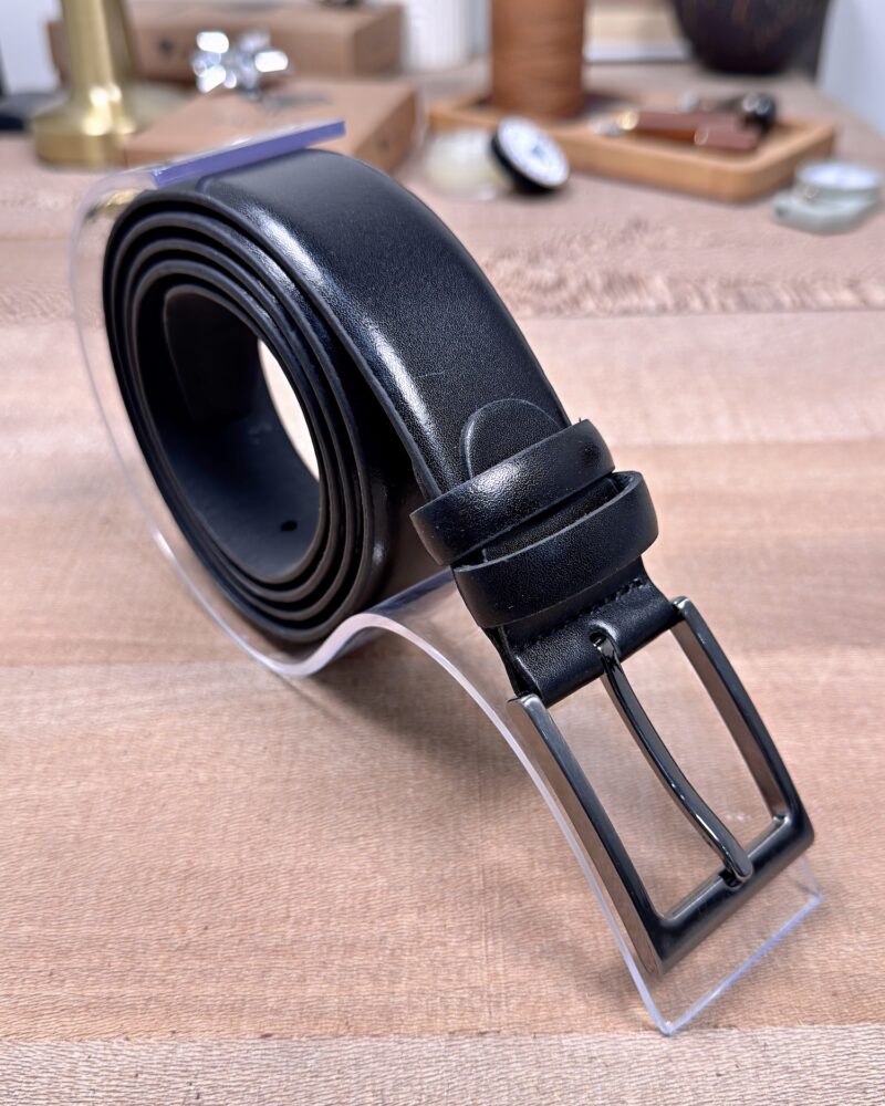Erkek Kemer – Parlak Siyah Hakiki Deri, Kumaş Pantolon Uyumlu