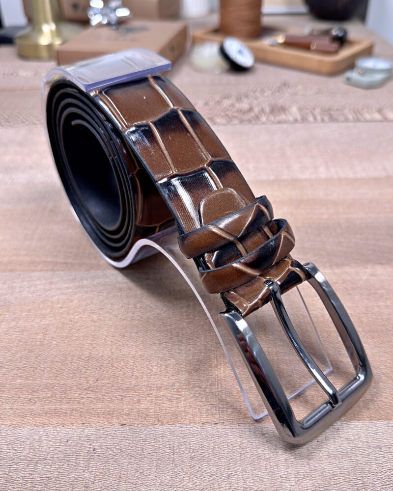 Erkek Kemer – Taba Croco Desenli Hakiki Deri, Şık ve Klasik Tarz Uyumlu