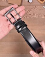 Erkek Kemer – Parlak Siyah Hakiki Deri, Kumaş Pantolon Uyumlu