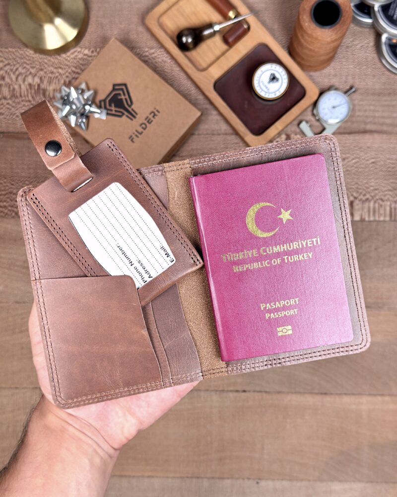Pasaport Kabı ve Valiz Etiketi Hakiki Deri 2038 - Parlak Kahve