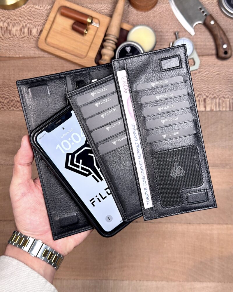 Telefon Bölmeli Cüzdan – Parlak Siyah Renk, Mıknatıslı Hakiki Deri | 2047