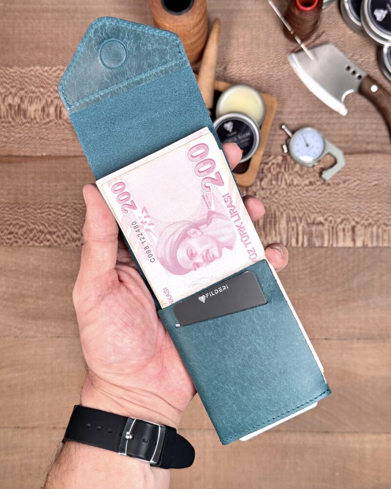Hakiki Deri Mıknatıslı Hızlı Erişim Cüzdanı– Derin Turkuaz | 2168